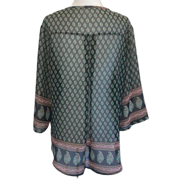 Trinity Semi-Sheer Black/Green Boho Blouse M - Picture 6 of 11